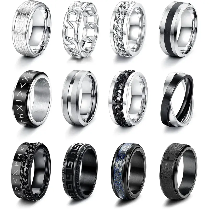 FLORIDECO 12PCS Stainless Steel Band Rings for Men Women Fidget Spinning Chain Ring Fidget Ring Anxiety Relief Ring for Men F...