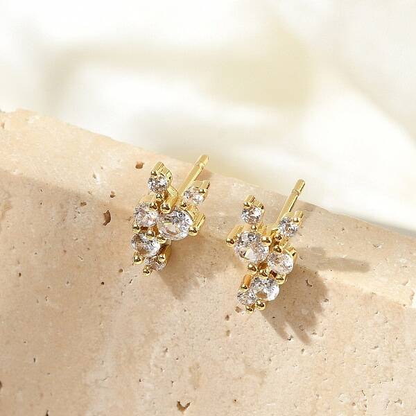 Brass Micro Pave Clear Cubic Zirconia Stud Earrings