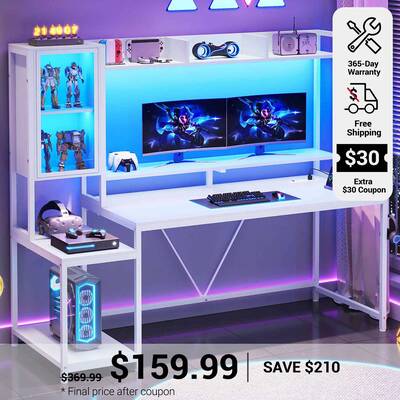 SEDETA | 60 Inch LED PC Gaming Desk with Storage Shelves and Display Cabinet White Home Office Furniture