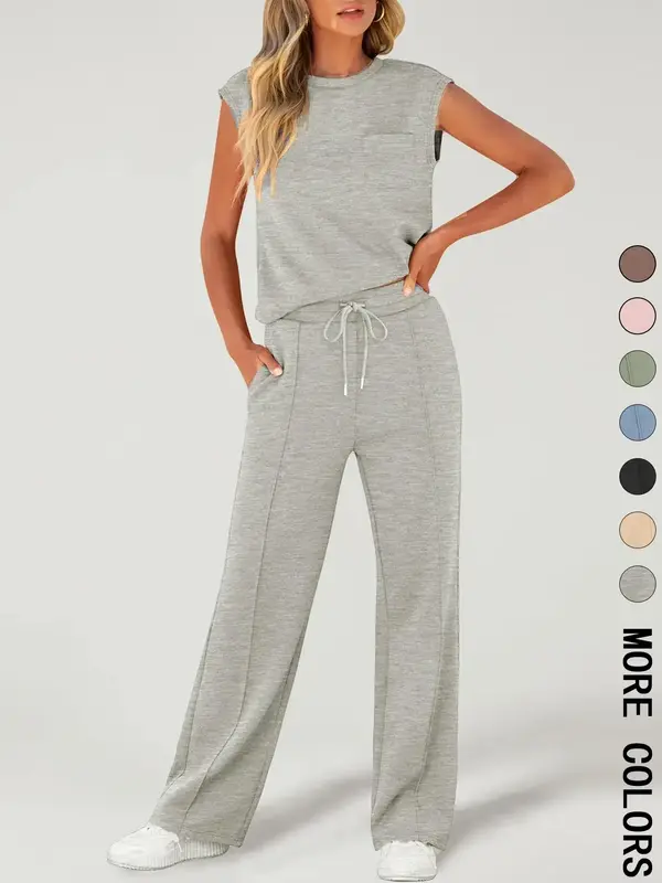 Women's Solid Tank Top & Drawstring Waist Pants Two-piece Set, Casual Sleeveless Round Neck Top & Trousers for Daily Wear, La...