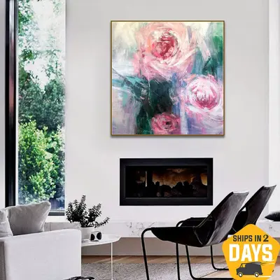 Original Roses Acrylic Painting Abstract Colorful Flowers Artwork for Living Room Decor | BLOOMING 40"x40"