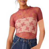 Women Lace Top, Crew Neck Short Sleeve See-through Summer Sheer T-shirt Clubwear
