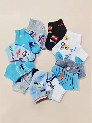 12 Pairs Kids Shark Car Traffic Pattern Socks, Soft Breathable Casual Fitted Short Socks for Boys, All Seasons Daily Wear Out...