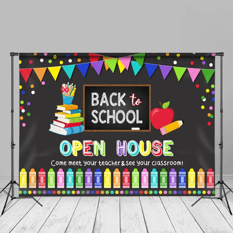 Open House Colorful Dot Crayon Back To School Backdrop - Aperturee