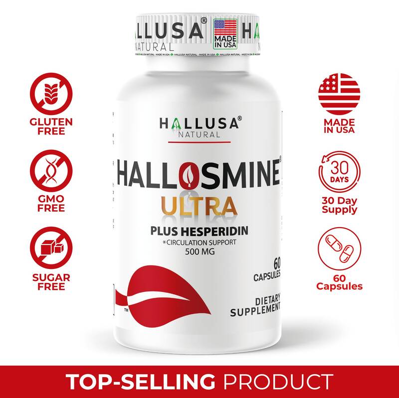 HALLUSA NATURAL Hallosmine Ultra - Diosmin 500 mg & Hesperidin 150 mg - 60 Veggie Capsules - Vegan, Organic, Gluten-Free