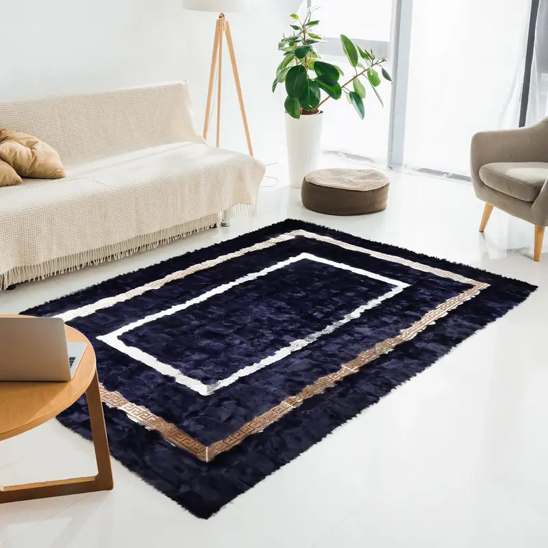 Dark Blue Sheepskin Rug with Gold Frame