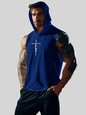 Sporty Men's Letter Print Hooded Sports Vest, Regular Fit Sport Quick Drying Breathable Tank Top for Gym Workout Running, Spo...