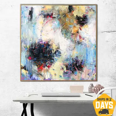 Original Blue Paintings On Canvas Modern Colorful Expressionism Art Textured White Color Painting Hand Painted Room Decor | A...