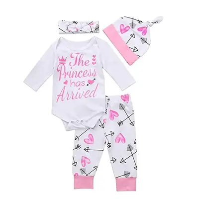 KARESOULL 4 Pcs Set Newborn Baby Kids Cotton Long Sleeve Romper + Arrow Love Print Long Pants + Hat + Headband Outfits