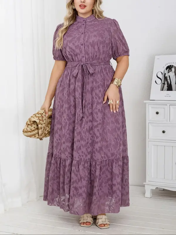 【Plus Size】 Solid Lace Belted Dress, Elegant Casual Short Sleeve Long Dress for Daily Outdoor Wear, Women Clothing for Al...