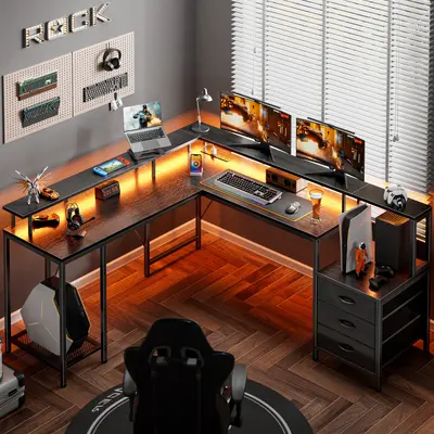 Huuger L Shaped Gaming Desk with LED Lights and Power Outlets, Computer Desk with 3 Drawers, 66.1 Inches Corner Desk, Home Of...
