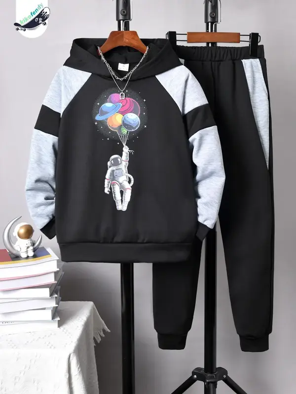 Two-Piece Set Boy's Colorblock Raglan Sleeve Sweatshirt & Elastic Waist Sweatpants Set, Casual Long Sleeve Hooded Pullover & ...