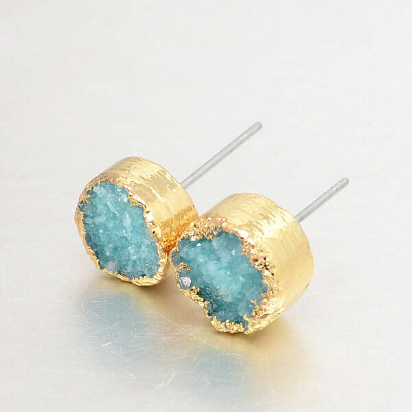 Flat Round Natural Druzy Agate Stud Earrings