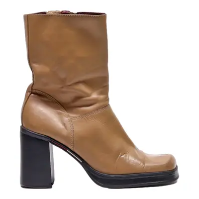TOMMY HILFIGER Block Heels Brown Leather Womens UK 6