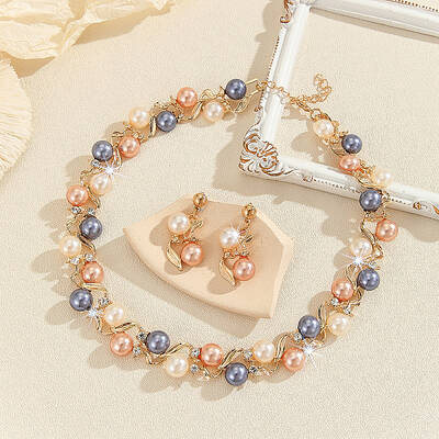 Alloy with Plastic Pearl Round Beaded Link Chain Necklaces & Stud Dangle Earrings Sets