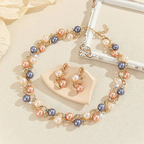 Alloy with Plastic Pearl Round Beaded Link Chain Necklaces & Stud Dangle Earrings Sets