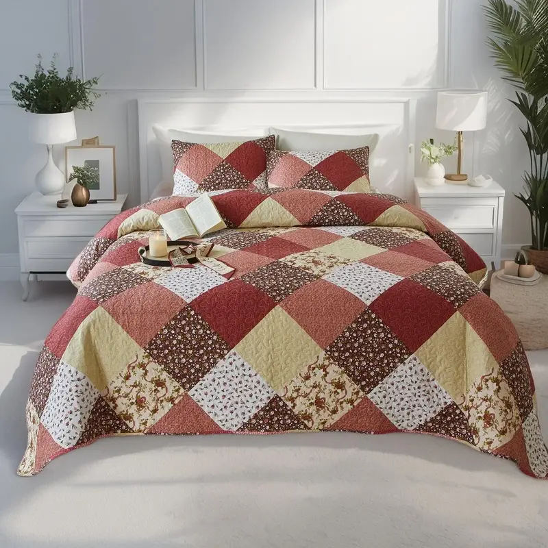 Patchwork Plaid Pattern Bedspread Set, Including 1 Count Bedspread & 1/2 Counts Pillowcase, Soft Bedding Coverlet Set for Hom...