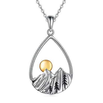 Sterling Silver Two-tone Drop Shape & Mountains & Sun Pendant Necklace