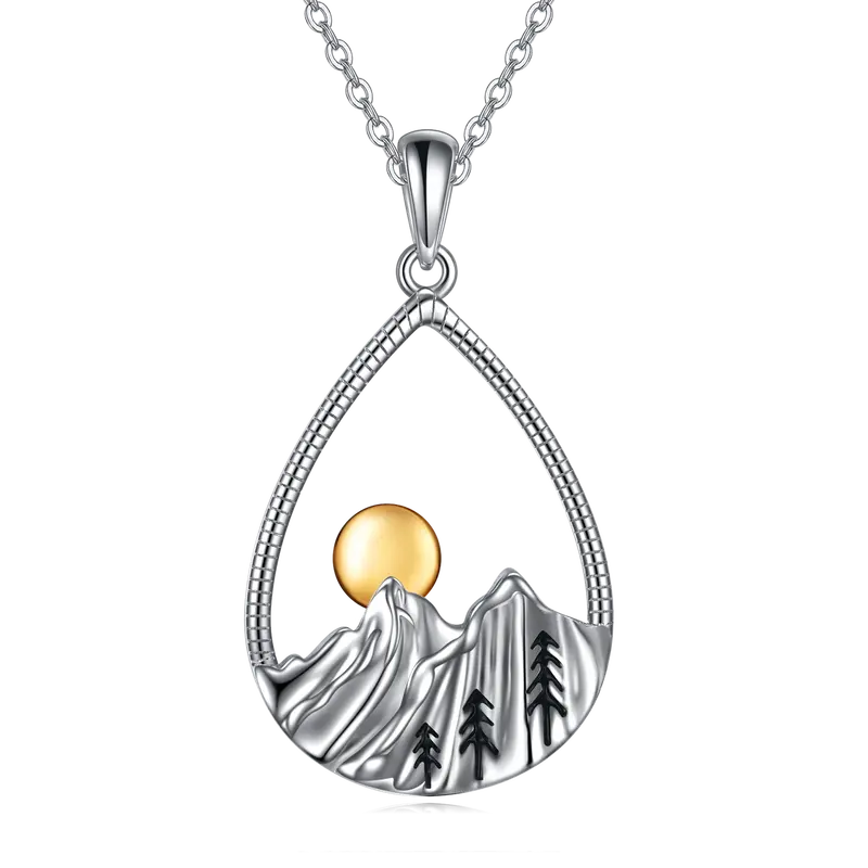 Sterling Silver Two-tone Drop Shape & Mountains & Sun Pendant Necklace