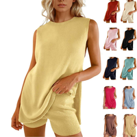 SCUSTY Women's 2 Piece Outfits Summer Knit Sweater Set Sleeveless Tunic Top Matching Shorts Trendy Beach Vacation Sets Lounge...