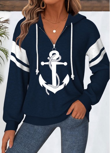 Modlily Navy Tummy Coverage Geometric Print Long Sleeve Hoodie - M