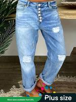 【Plus Size】 Pocket Button Fly Denim Jeans, Casual Comfy Fashionable High Waist Trousers for Daily Wear, Women's Bottoms f...