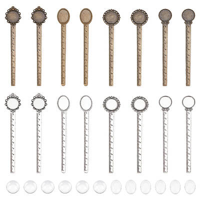 16Pcs 8 Styles Alloy Ruler Bookmark Cabochon Settings