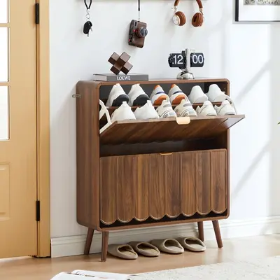 Giratree Shoe Storage Cabinet for Entryway with 2 4 Flip Drawers, Freestanding Narrow Wood Shoe Cabinet with Wave Panel, Hidd...
