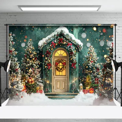 Snowy Green Wall Gift Trees Christmas Photo Backdrop