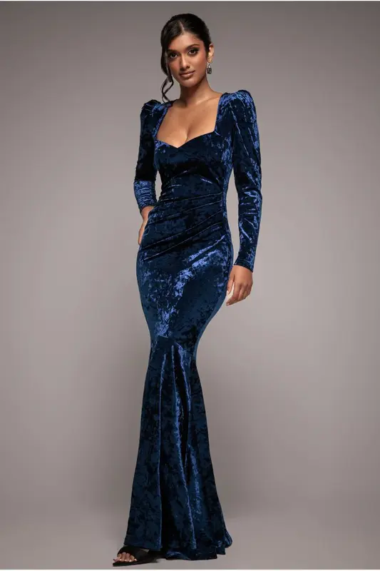 Goddiva Flared Hem Ice Velvet Maxi - Navy