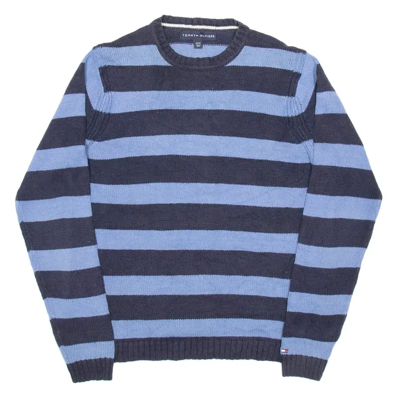 TOMMY HILFIGER Mens Patterned Jumper Blue Striped Tight Knit XS