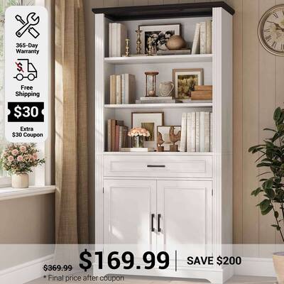 SEDETA | 70 Inch Tall Farmhouse Bookshelf with Doors and Drawer Floor Standing 6 Shelf Display Storage Shelves White Home Off...