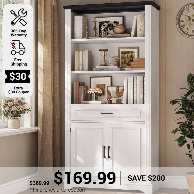 SEDETA | 70 Inch Tall Farmhouse Bookshelf with Doors and Drawer Floor Standing 6 Shelf Display Storage Shelves White Home Off...