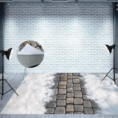 Melting Snowy Paving Stone Fabric Floor Backdrop - Aperturee