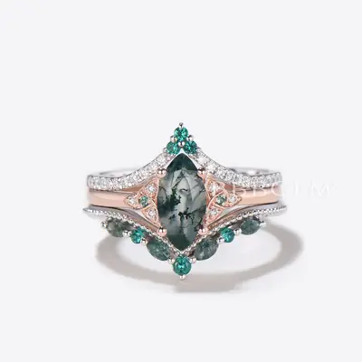 3pc Marquise Cut Natural Moss Agate Celtic Knot Diamond Ring Bridal Set