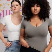[PUMIEY] PUMIEY Women's V Neck Short Sleeve T Shirts Slim Fit Going Out Tops Sexy Cool Comfort Basic Tee Sharp Collection