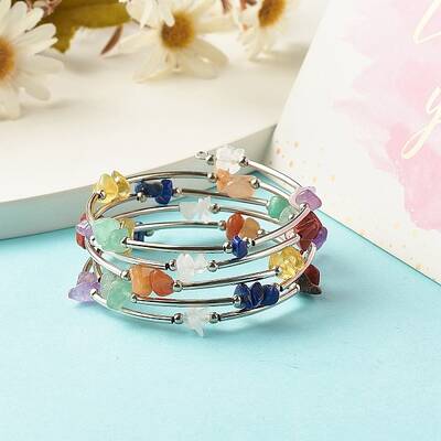 5-Loop Natural Mixed Stone Chip Beaded Wrap Bracelets for Women