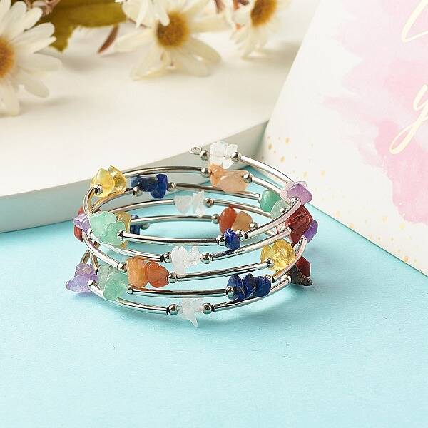 5-Loop Natural Mixed Stone Chip Beaded Wrap Bracelets for Women