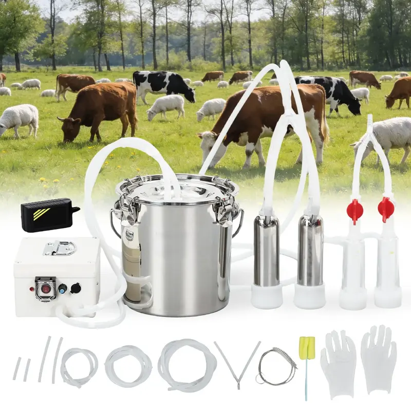 Garvee Electric Milking Machine for Cows & Goats – 6L Stainless Steel Bucket, 2-in-1 Automatic Pulsation, 4 Teat Cups, Port...
