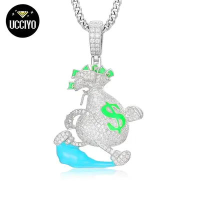 【#P206】925 Sterling Silver Synthetic Moissanite Pendant Necklace, Escape Dollar Money Bag Luminous Pendant for Men and Wo...