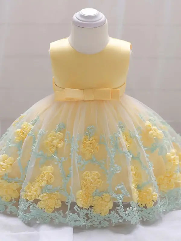 Baby Girl's Floral Applique Mesh Dress, Cute Sleeveless Round Neck Dress for Party Wedding Pageant, Infant Toddler Kids Cloth...