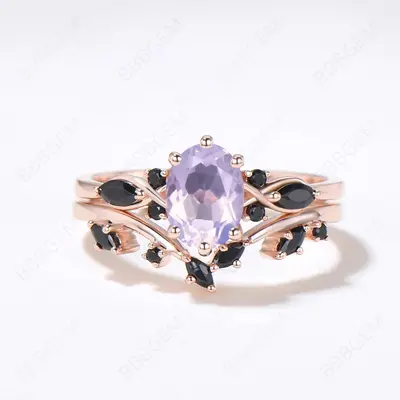 Oval Natural Light Purple Lavender Amethyst Engagement Ring Set