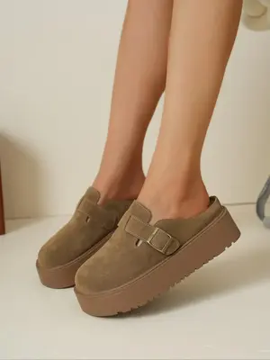 Women's Classic Solid Color Buckle Decorated Thick Bottom Slippers, Walking Shoes, Slipper Sandals, Casual Comfortable Platfo...