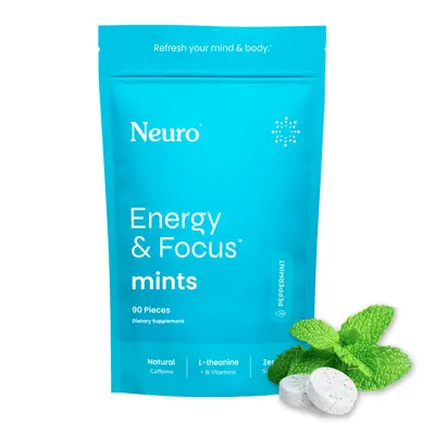 Neuro Energy Caffeine Mints (90 Pieces) - Sugar-Free Nootropic Mints for Energy & Focus with L-theanine, Caffeine, Vitamin B1...