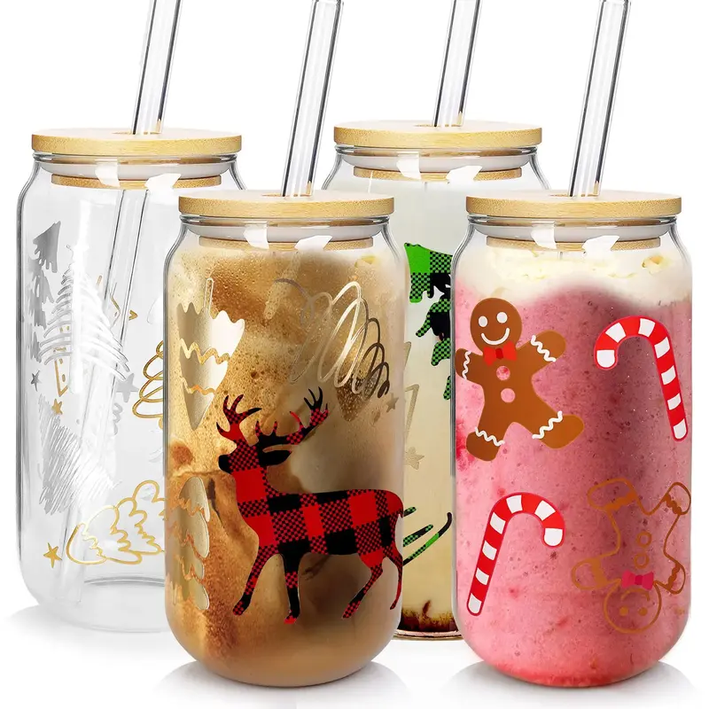 ANOTION 18oz Coffee Mugs Glass Cups with Lid and Straw Colorful Xmas Tree TumblerHome Decoration Gifts for Women Classic Drin...