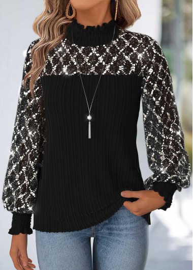 Modlily Black Tummy Coverage Long Sleeve High Neck Blouse - XXL