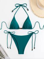 Two-piece Set Women's Solid Beaded Tie Back Bikini Set, Boho Fashion Halter Triangle Swim Top & Tie Side Swim Bottom for Beac...