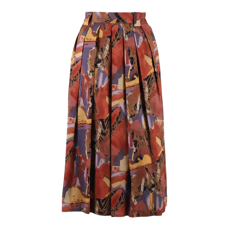 Womens Pleated Skirt Red Midi Viscose Crazy Pattern M
