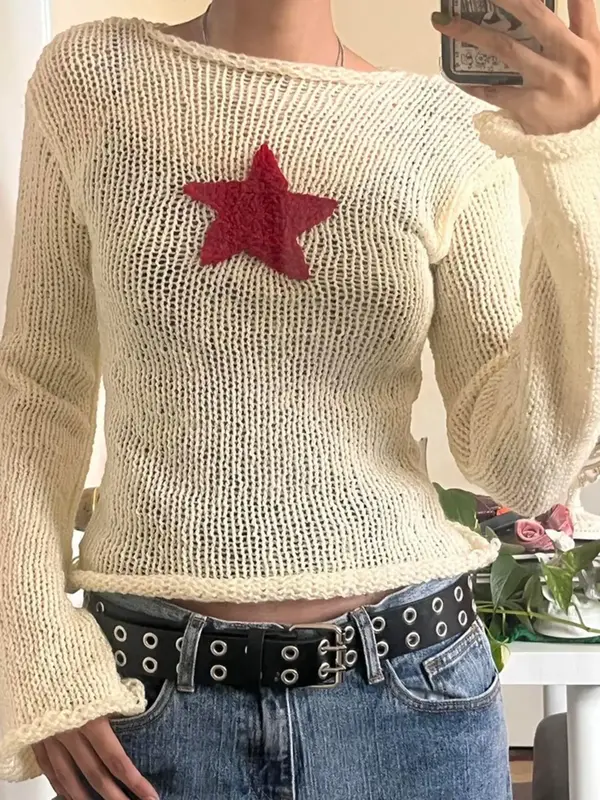 Women's Y2K Star Graphic Drop Shoulder Crop Sweater, Comfortable Womenswear for Lady, Cozy Sweaters, Extra-Long Sleeve Round ...