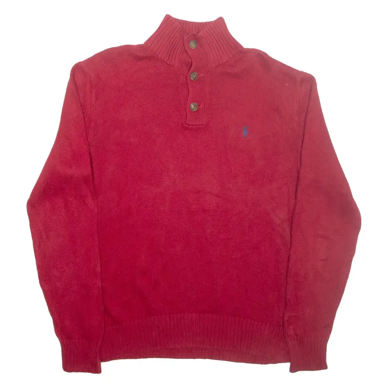 POLO RALPH LAUREN Mens Jumper Red Button Neck Tight Knit M